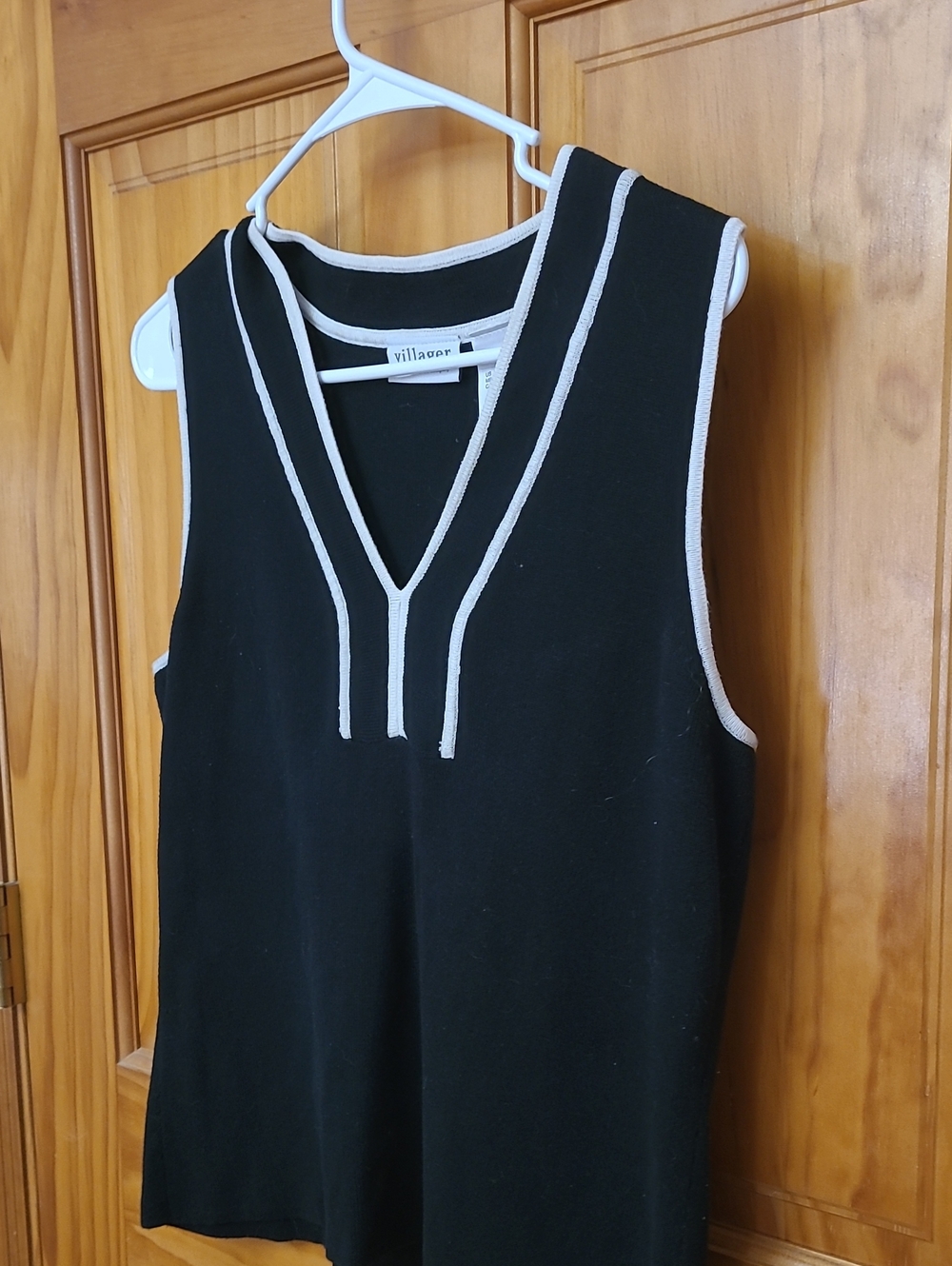 villager Black Tank Top with White Trim V-Neck, Heavier Knit